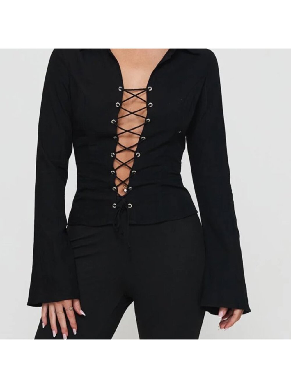 Princess Polly 8 Black Collar Lace-Up Bell Sleeve Whimsigoth Top Y2K Streetwear